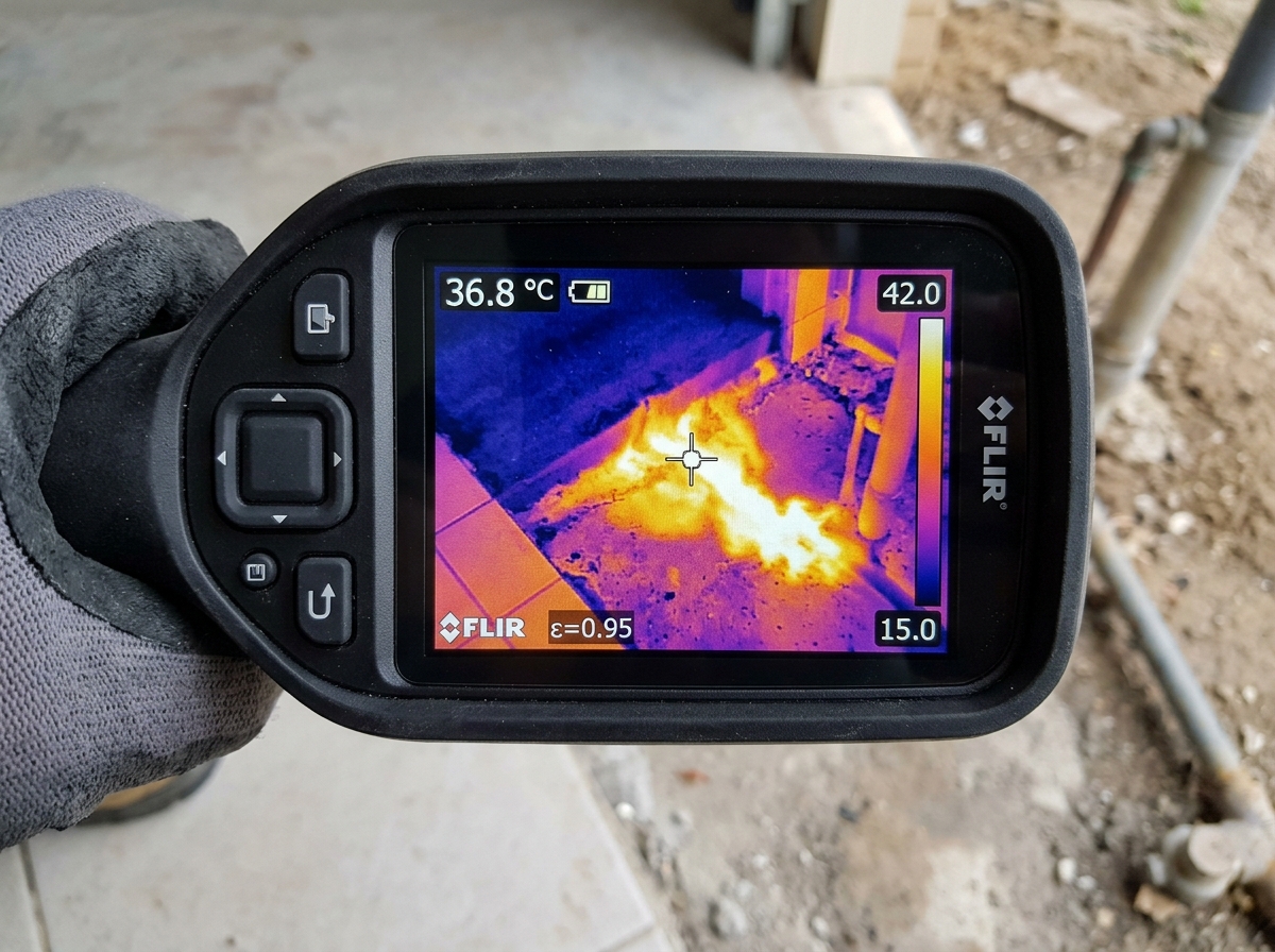 Thermal imaging camera scanning warm floor spot caused by hot water line leak under slab in Wellington