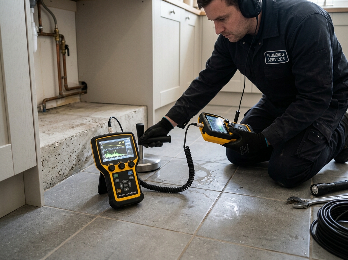 Comprehensive slab leak insurance documentation report tablet and moisture meter in Wellington home