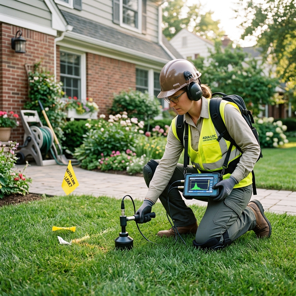 Technician using digital moisture meter and acoustic sensor for hidden water leak detection in Wellington FL home